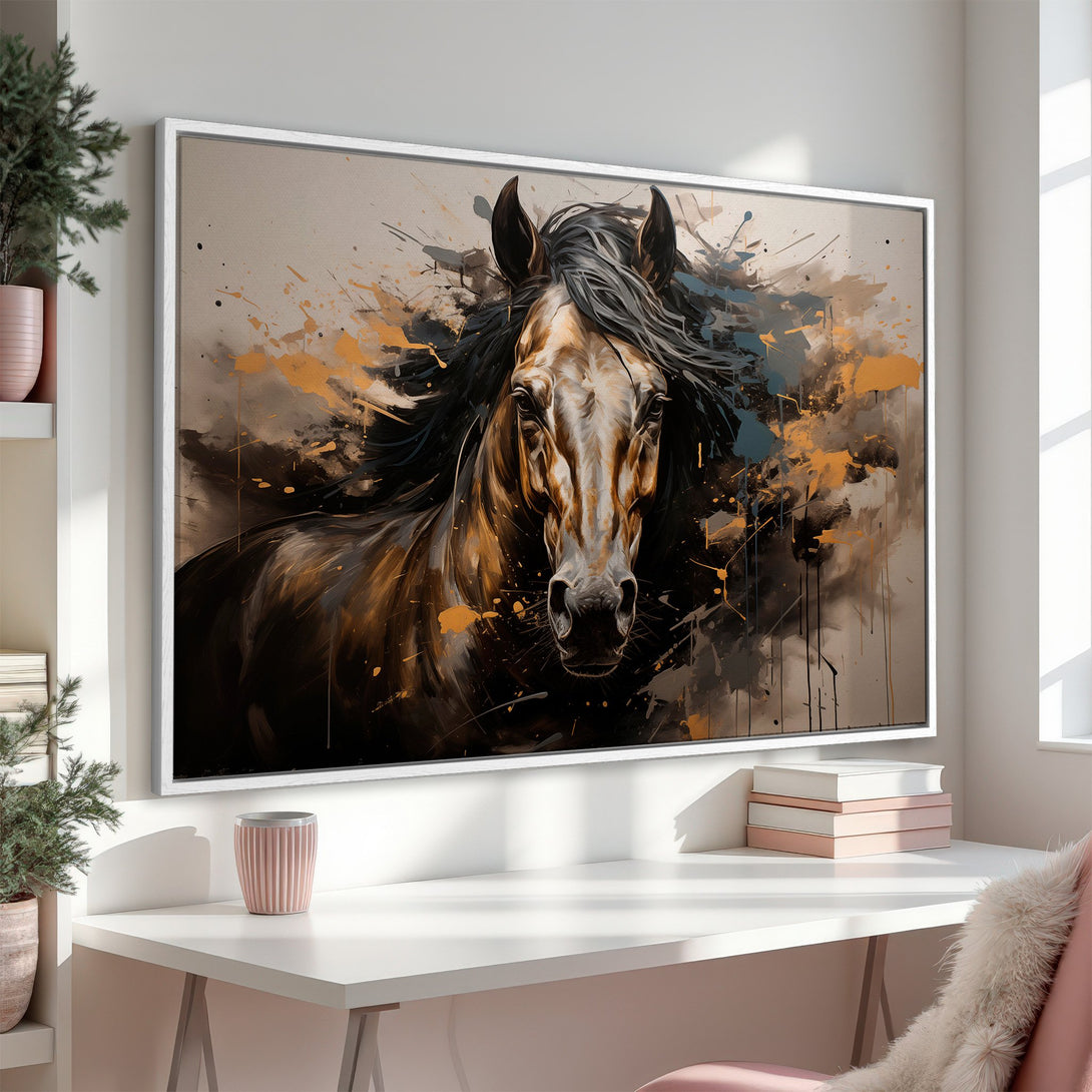 Framed Wall Art: Stunning horse portrait in an abstract style with a warm, earthy color palette. Elevate your space with this captivating canvas print.