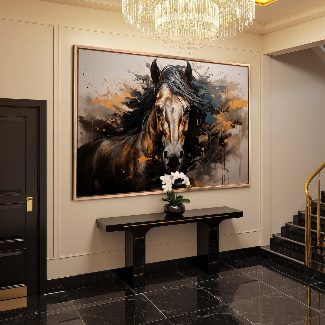 Framed Wall Art: Majestic horse portrait in an abstract style. Features a warm, earthy color palette with gold accents. Perfect for luxury interiors.