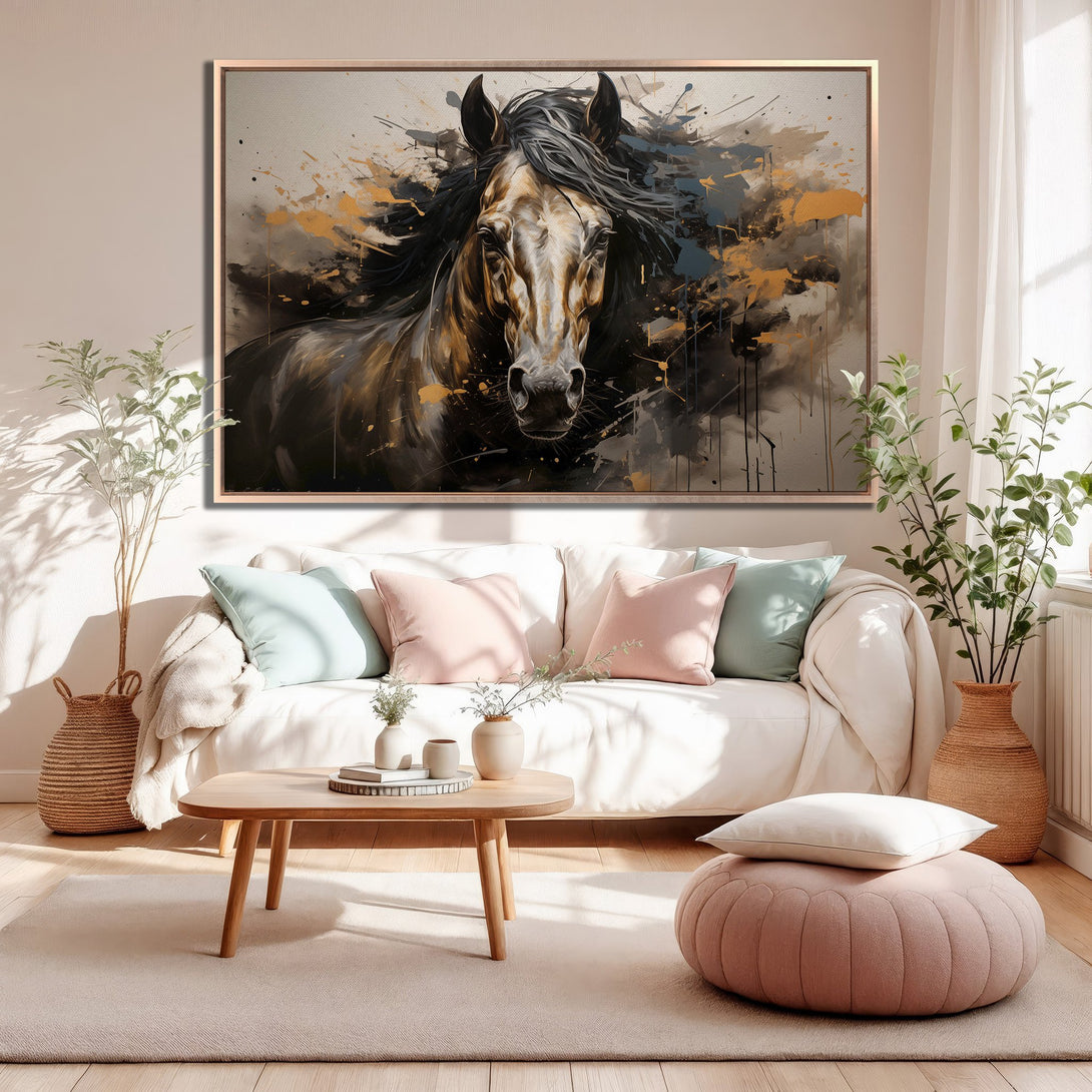 Framed Wall Art: Abstract horse painting in warm tones. Perfect for adding a touch of elegance to your living room decor. Shop now!