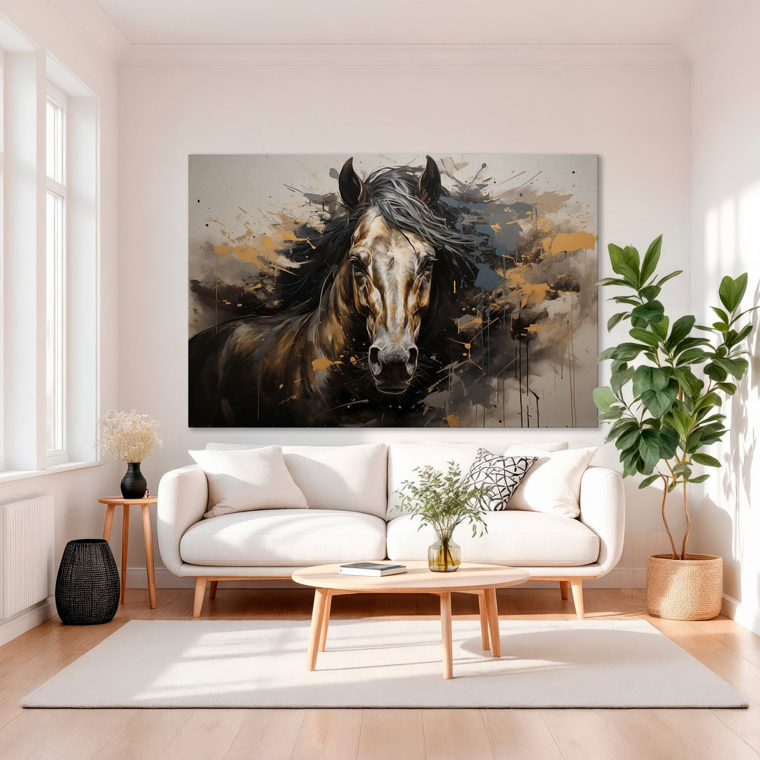 Framed Wall Art: Majestic horse painting in a modern, abstract style. Earthy tones with gold accents create a luxurious & elegant interior design.