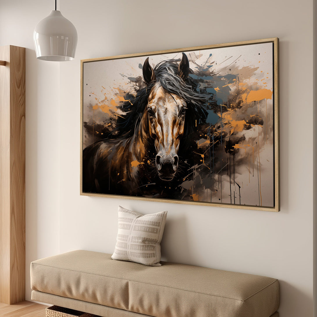 Framed Wall Art: Abstract horse portrait in warm, neutral tones. Modern Canvas Print adds a touch of elegance to any interior. Shop now!