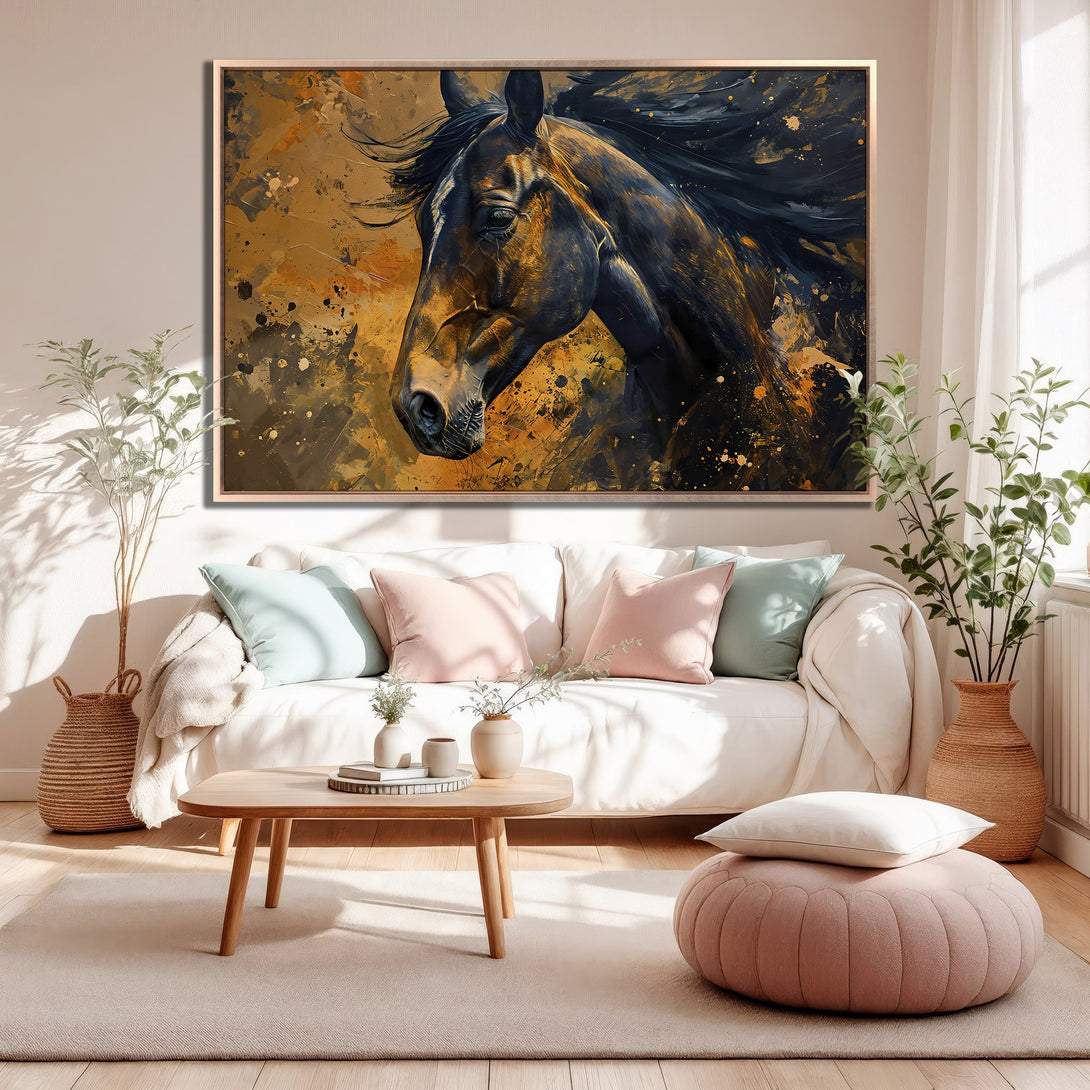 Framed Wall Art featuring a majestic horse in an abstract style with a warm, earthy color palette. Perfect for adding elegance to any living space.