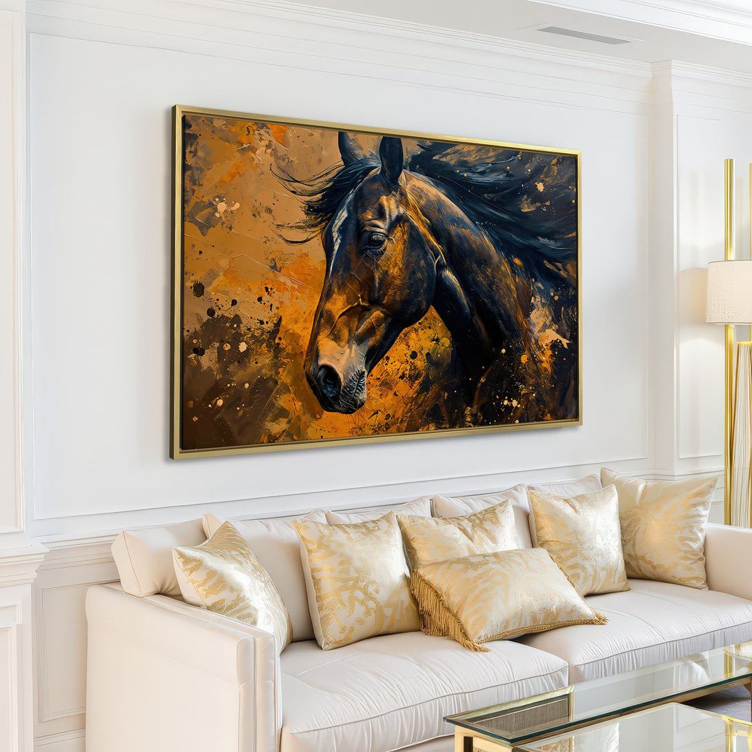 Canvas Print of a majestic horse, abstract style, with a warm gold and black color palette. Elevate your space with this stunning wall art!