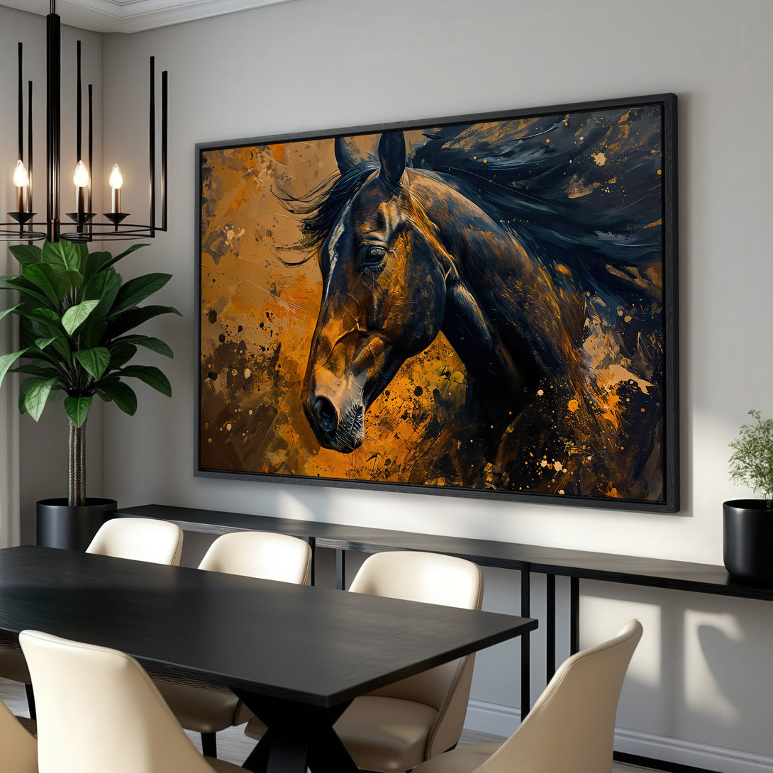 Framed Wall Art featuring a majestic horse in an abstract style with a warm, orange and black color palette, perfect for modern home decor.