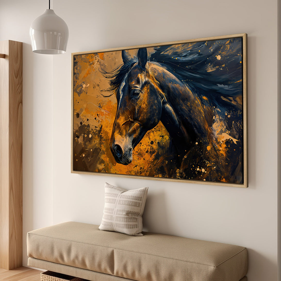 Framed Wall Art featuring a majestic horse in an abstract style with a warm, earthy color palette, perfect for any home decor.
