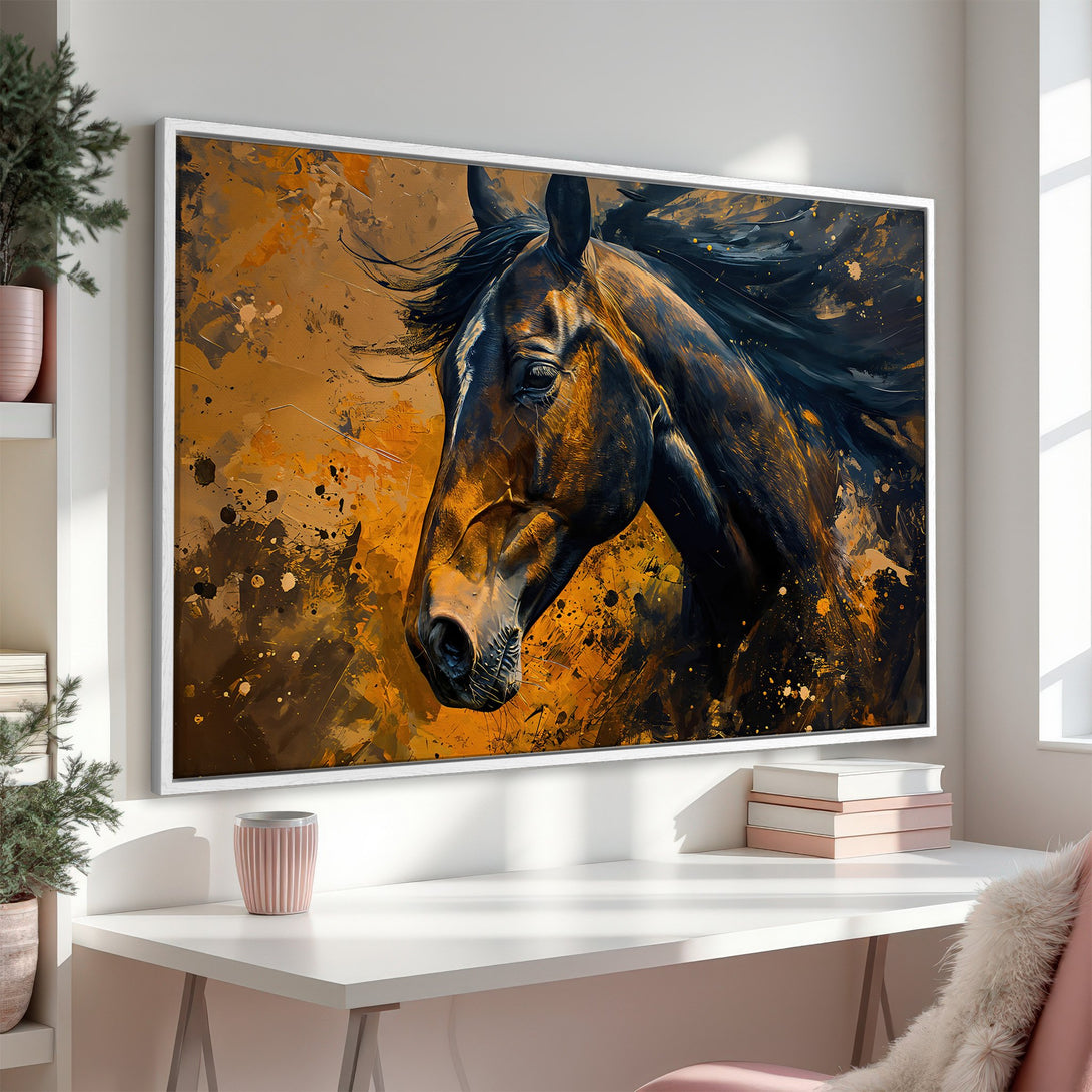 Framed Wall Art: Stunning horse portrait in abstract style with warm orange and black tones. Elevate your space with this captivating Canvas Print!