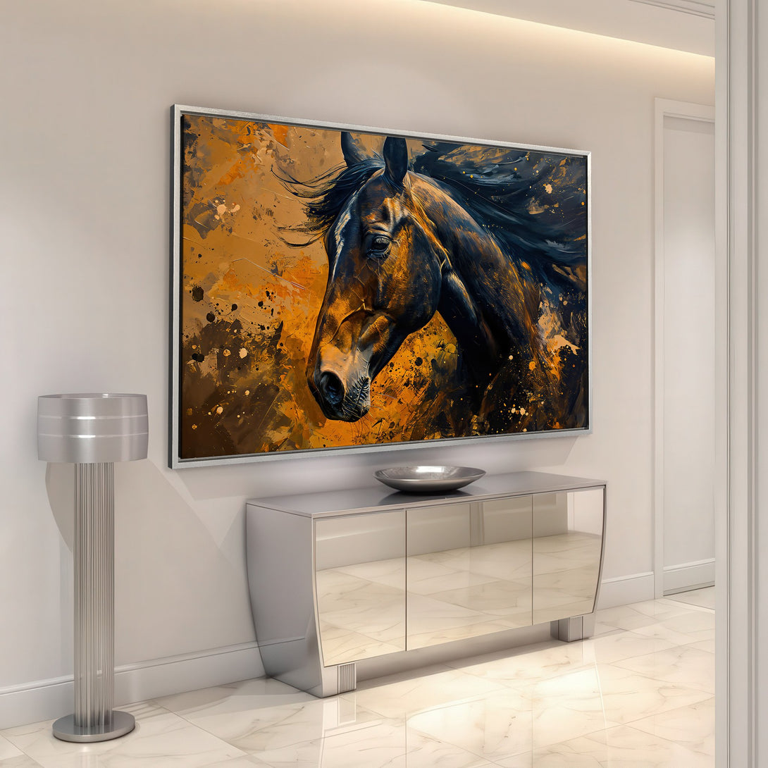 Framed Wall Art: Abstract horse portrait in warm orange and black tones. Modern art canvas print adds a touch of elegance to any space.