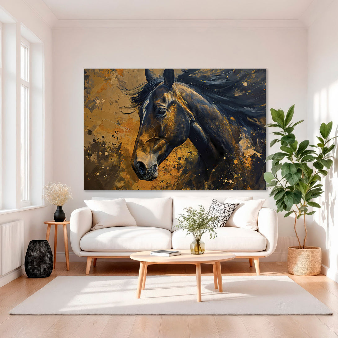 Framed Wall Art: Abstract horse portrait in warm orange & brown tones. Modern art canvas print for living room decor.