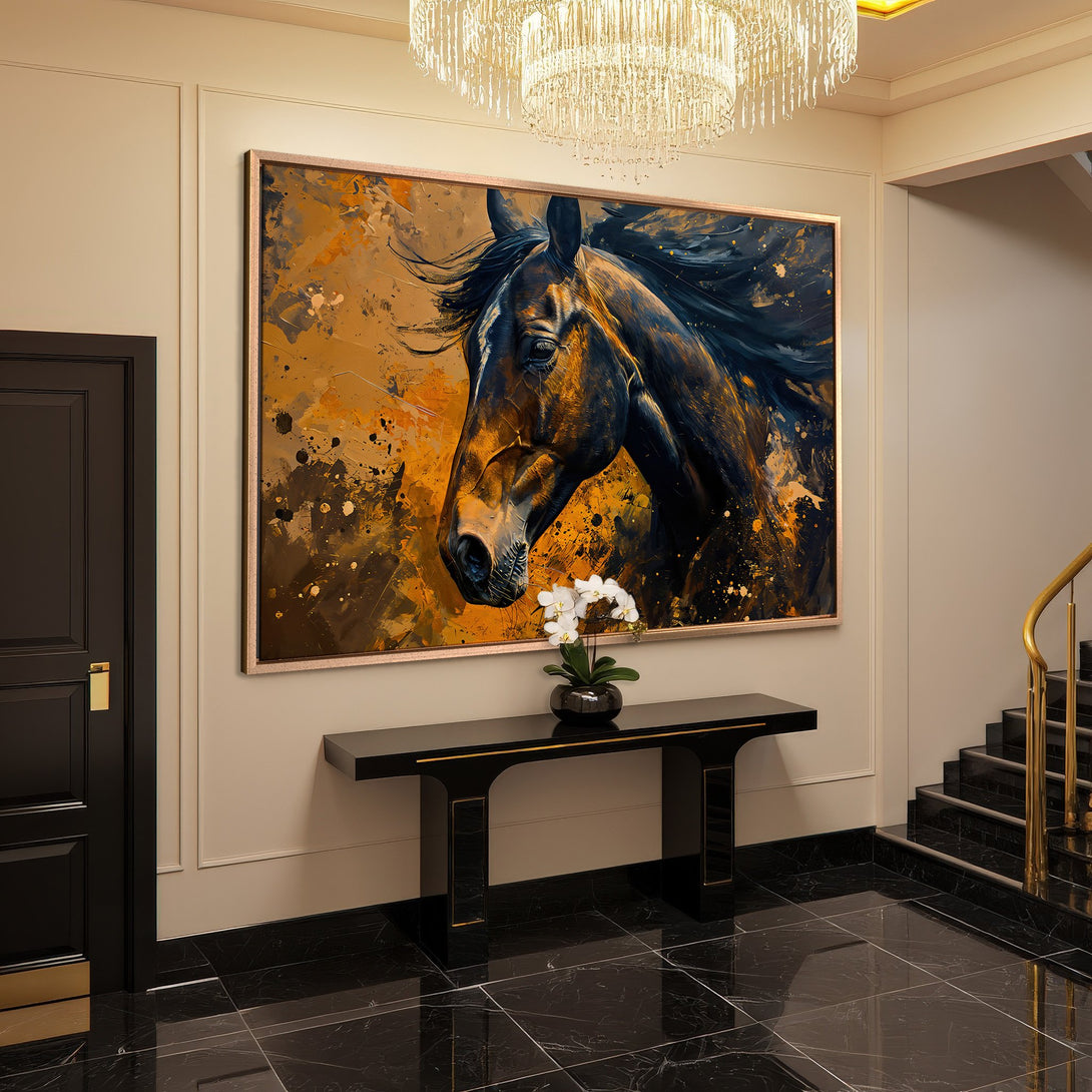 Framed Wall Art: Abstract horse portrait in warm gold and navy tones. Elevate your space with this stunning canvas print!