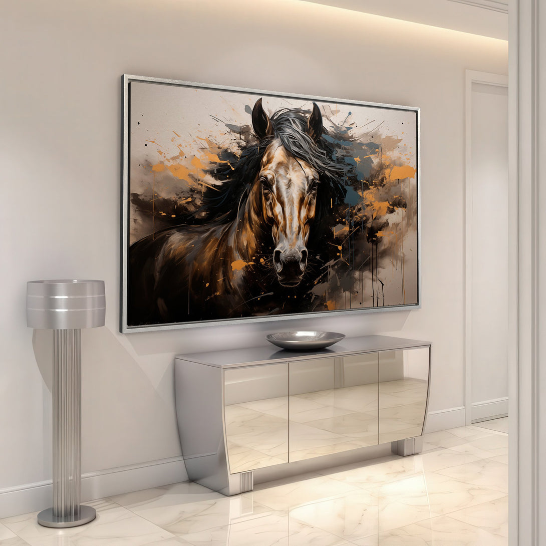Framed Wall Art: Stunning abstract horse portrait in warm gold and black tones. Elevate your space with this captivating canvas print!