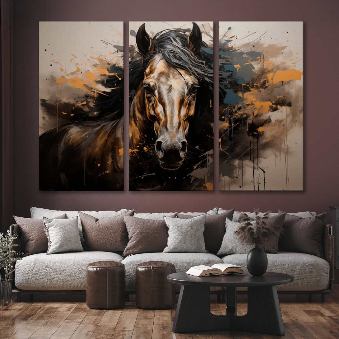 Canvas Print: Abstract horse art in warm brown and gold tones. Modern wall decor for living room or bedroom.