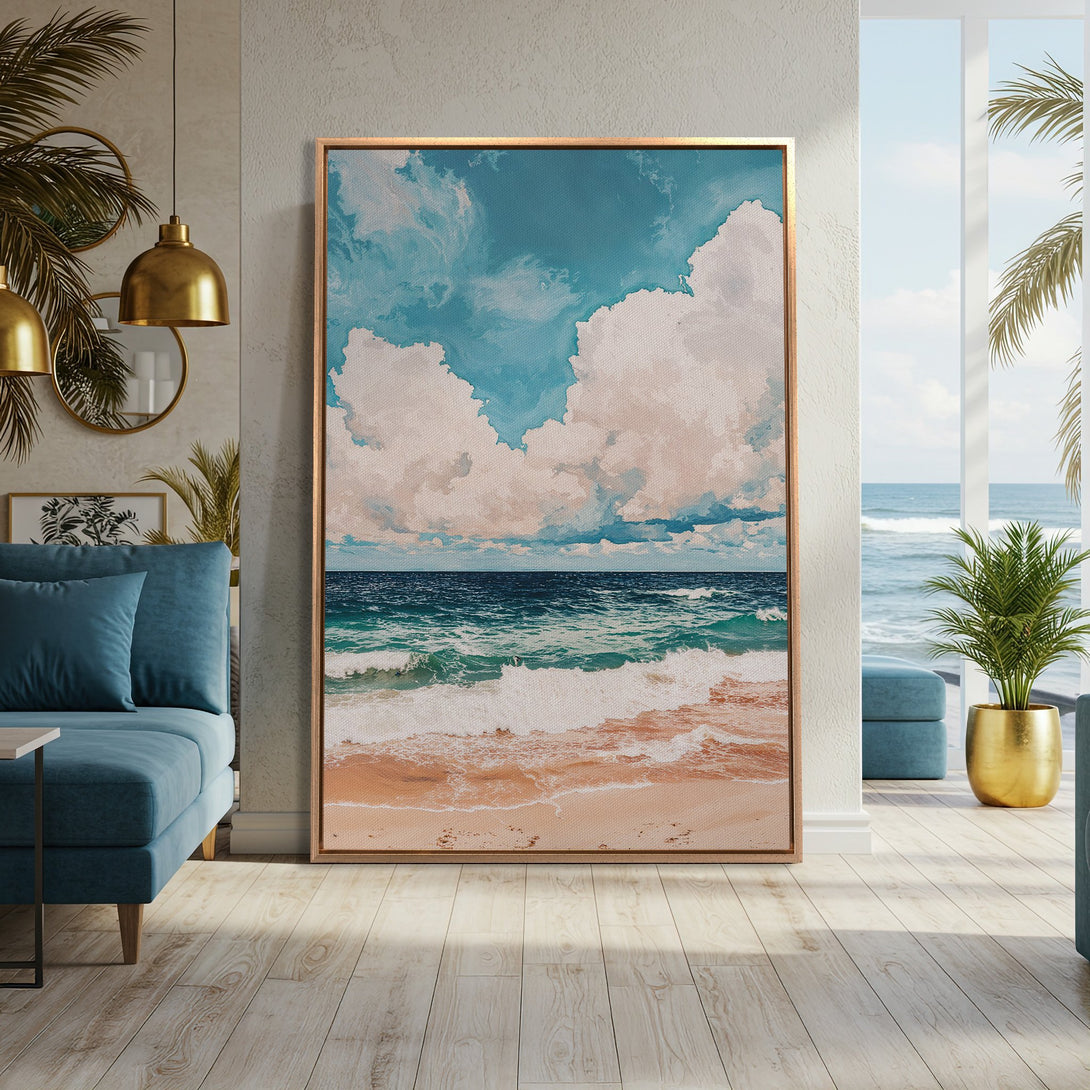 Framed Wall Art: Coastal scene Canvas Print with blue, teal, and beige tones. Adds a serene, beachy vibe to any interior space. Perfect for living rooms!