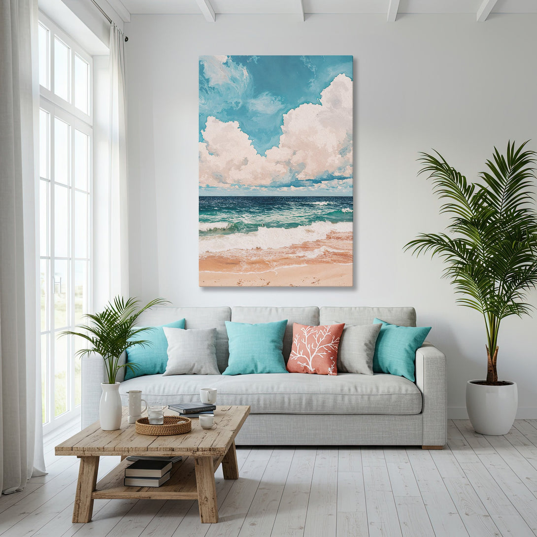 Framed Wall Art: Coastal scene canvas print in a modern living room. Featuring ocean waves, blue and white color palette, perfect for beach house decor.