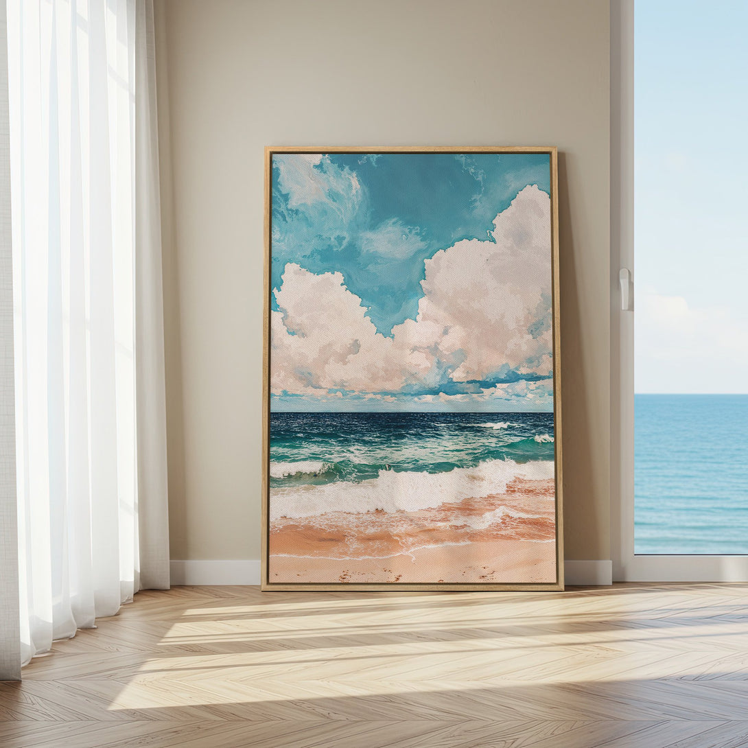 Framed Wall Art: Coastal beach scene Canvas Print with blue, teal, and peach tones. Adds a serene touch to any space.