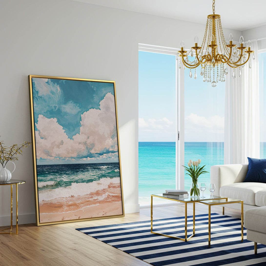 Canvas Print of a serene beach scene in a coastal style, featuring a blue, teal, and beige color palette. Perfect for living room decor!