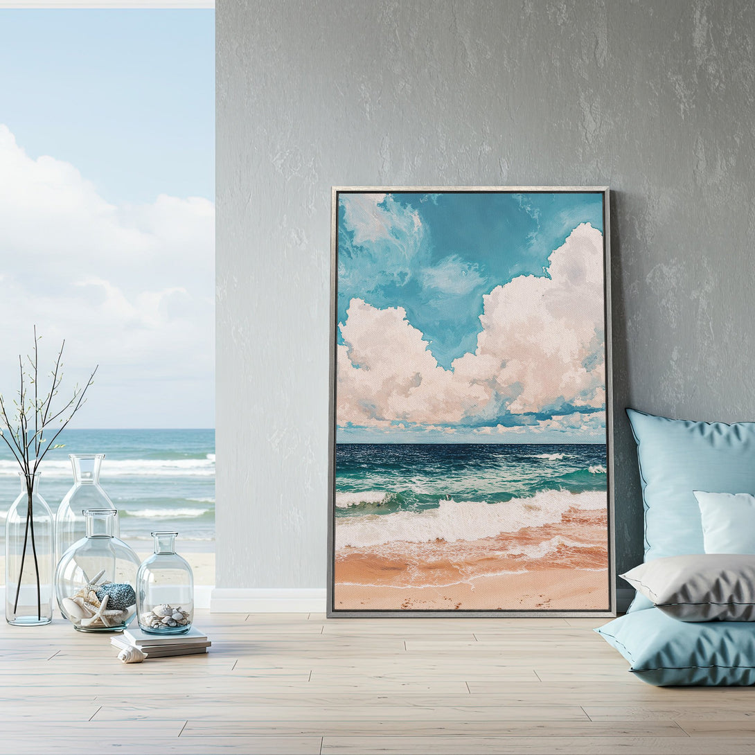 Framed Wall Art: Coastal scene Canvas Print with blue, peach, and white hues. Perfect for adding a touch of serenity to your home decor.
