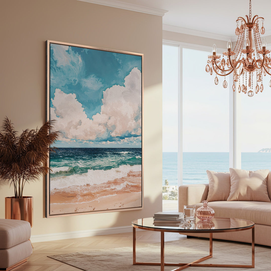 Framed Wall Art featuring a serene beach scene with blue, turquoise, and beige tones. Coastal style Canvas Print adds a touch of tranquility to any interior.