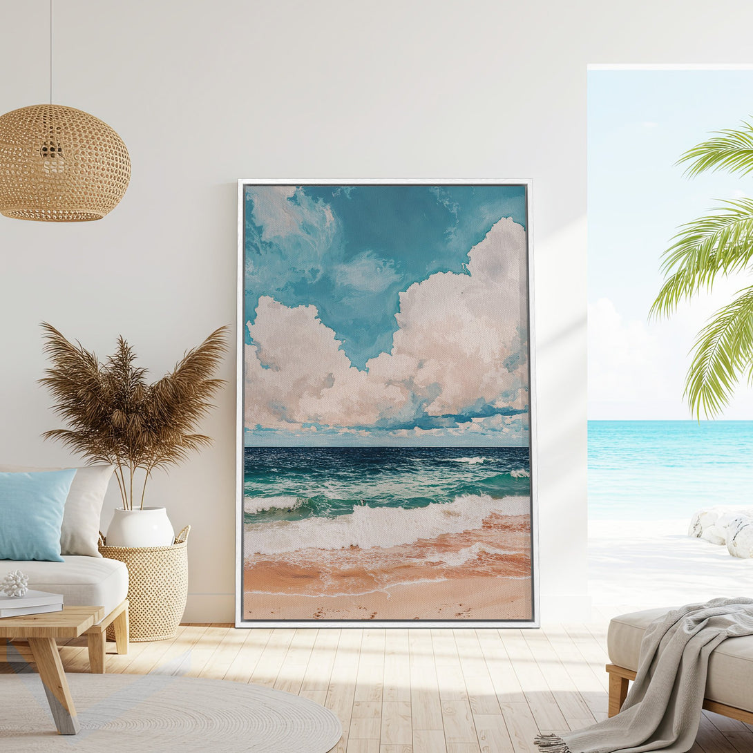 Framed Wall Art: Coastal scene Canvas Print featuring a beach and sky with blue, teal, and neutral tones. Bring the beach vibes home!