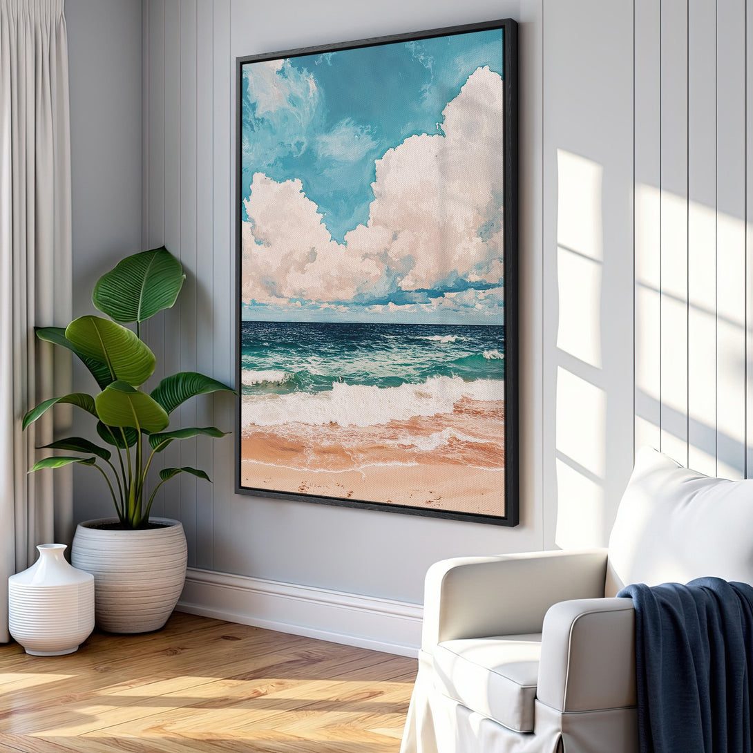 Framed Wall Art: Coastal scene Canvas Print with beach, ocean, and sky in a calming blue and beige palette. Perfect for adding a touch of serenity to your home.