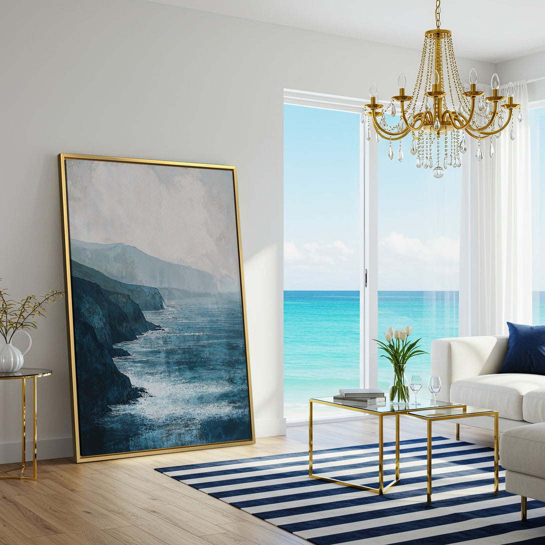 Coastal Canvas Print in a modern living room. Blue and white abstract landscape art adds serenity. Perfect for coastal decor.
