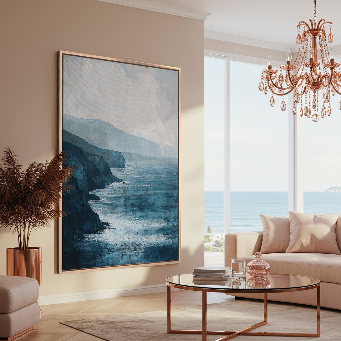 Framed Wall Art: Coastal landscape Canvas Print in blue & white, adds serene style to any interior. Modern art with a calming, ocean-inspired vibe.