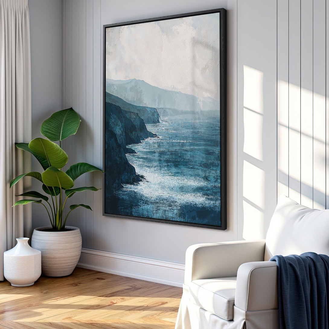 Framed Wall Art: Coastal landscape Canvas Print in blue and white tones, perfect for adding a touch of serenity to your home decor.