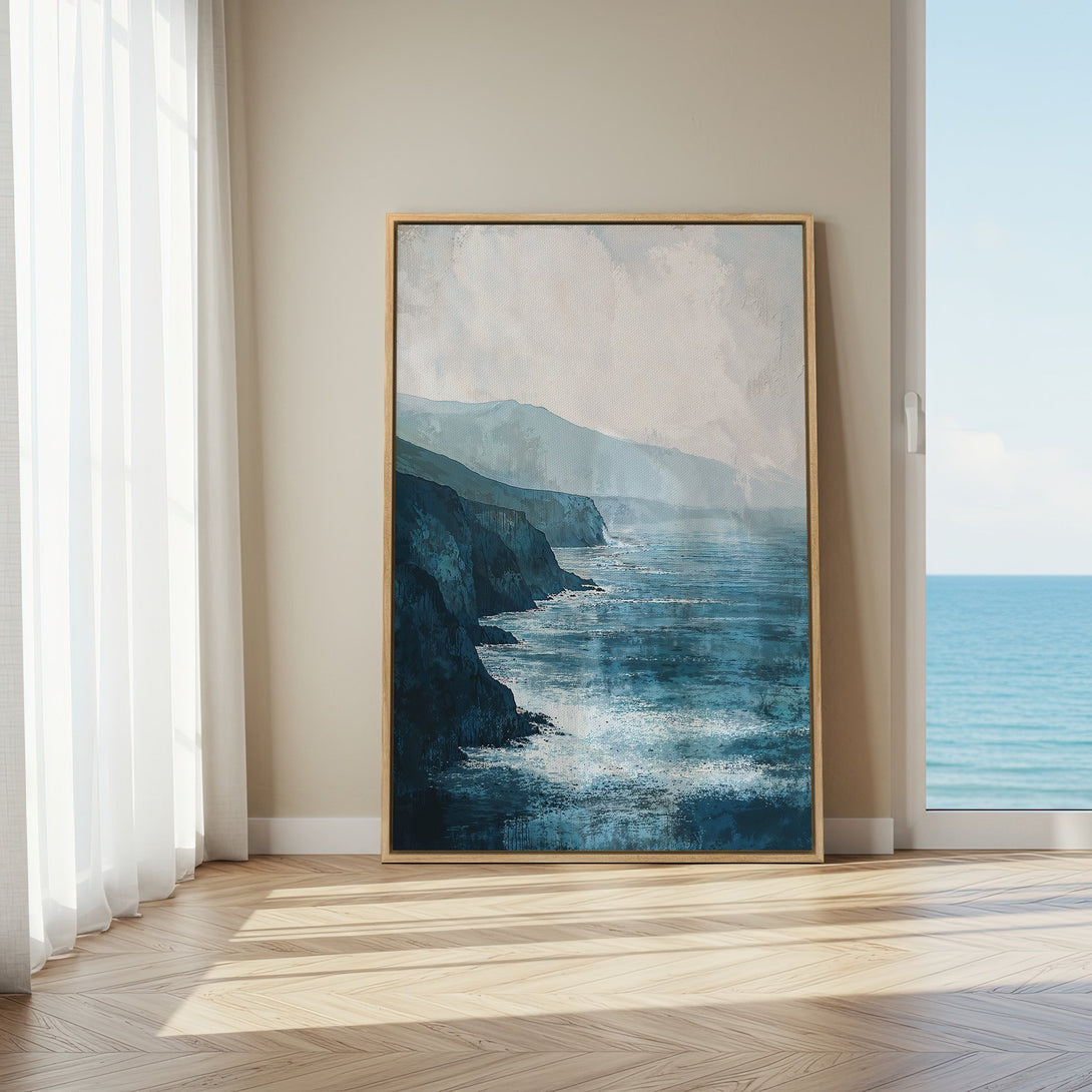 Framed Wall Art featuring a coastal landscape in shades of blue and white. Add serenity to your space with this beautiful canvas print.