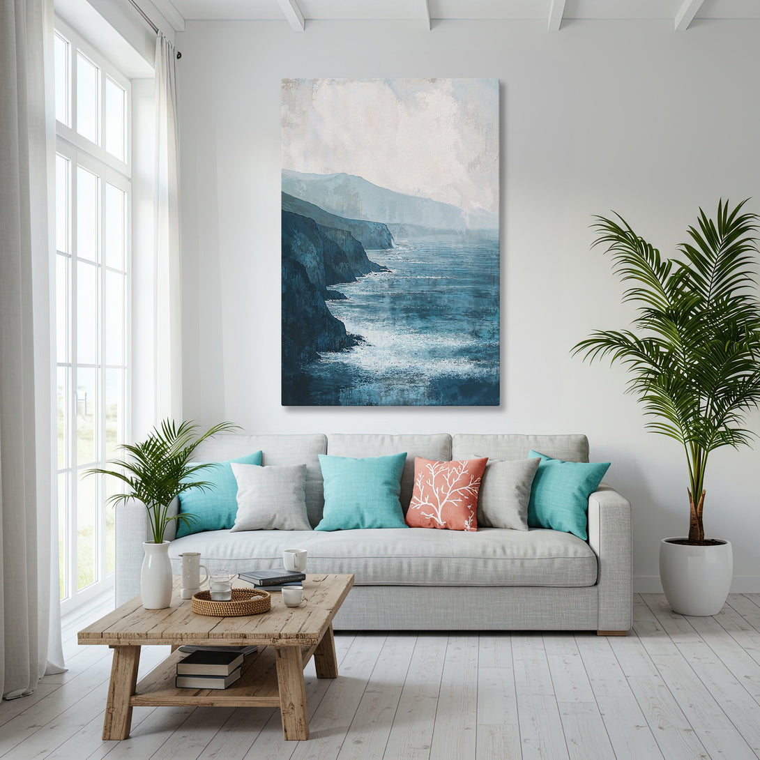 Framed Wall Art featuring coastal landscape in blue and white, displayed in a modern living room. Coastal-inspired art for your home decor.