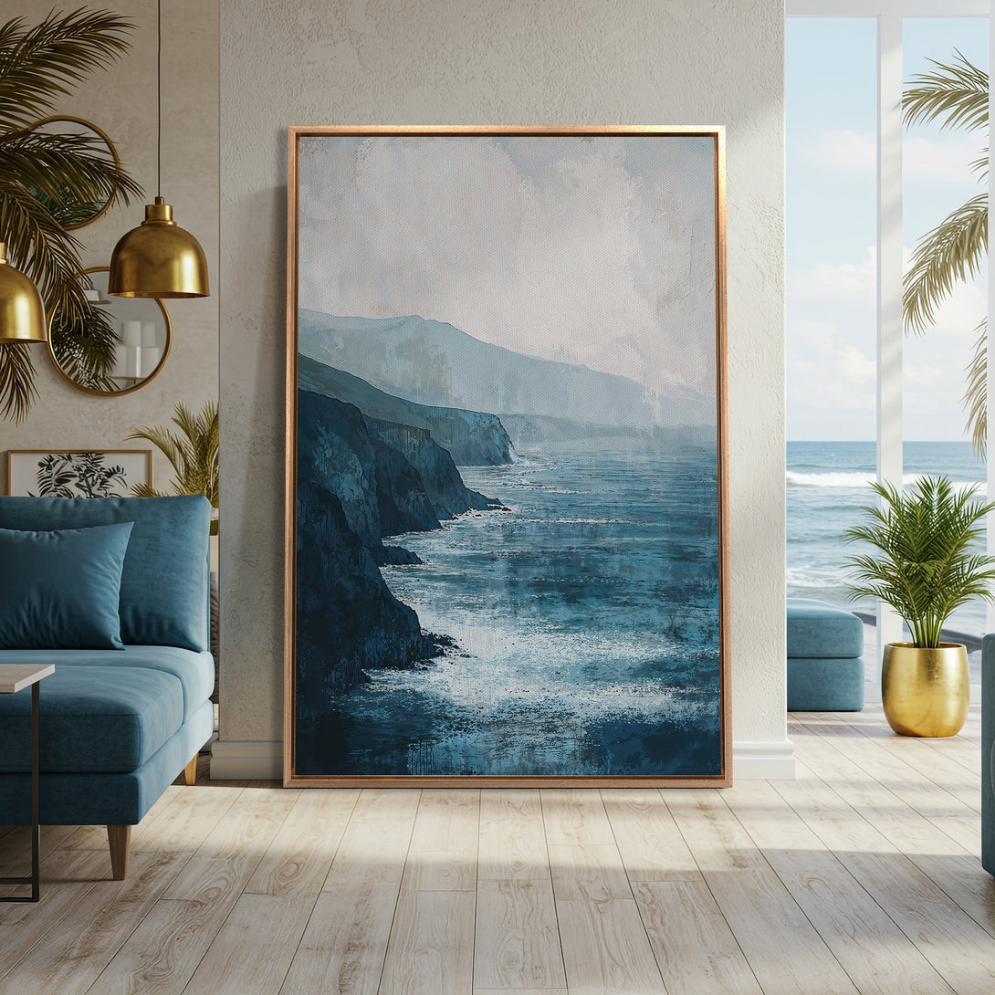 Framed Wall Art featuring a coastal landscape in blue and white tones. Modern abstract style, perfect for adding a serene touch to your home decor.