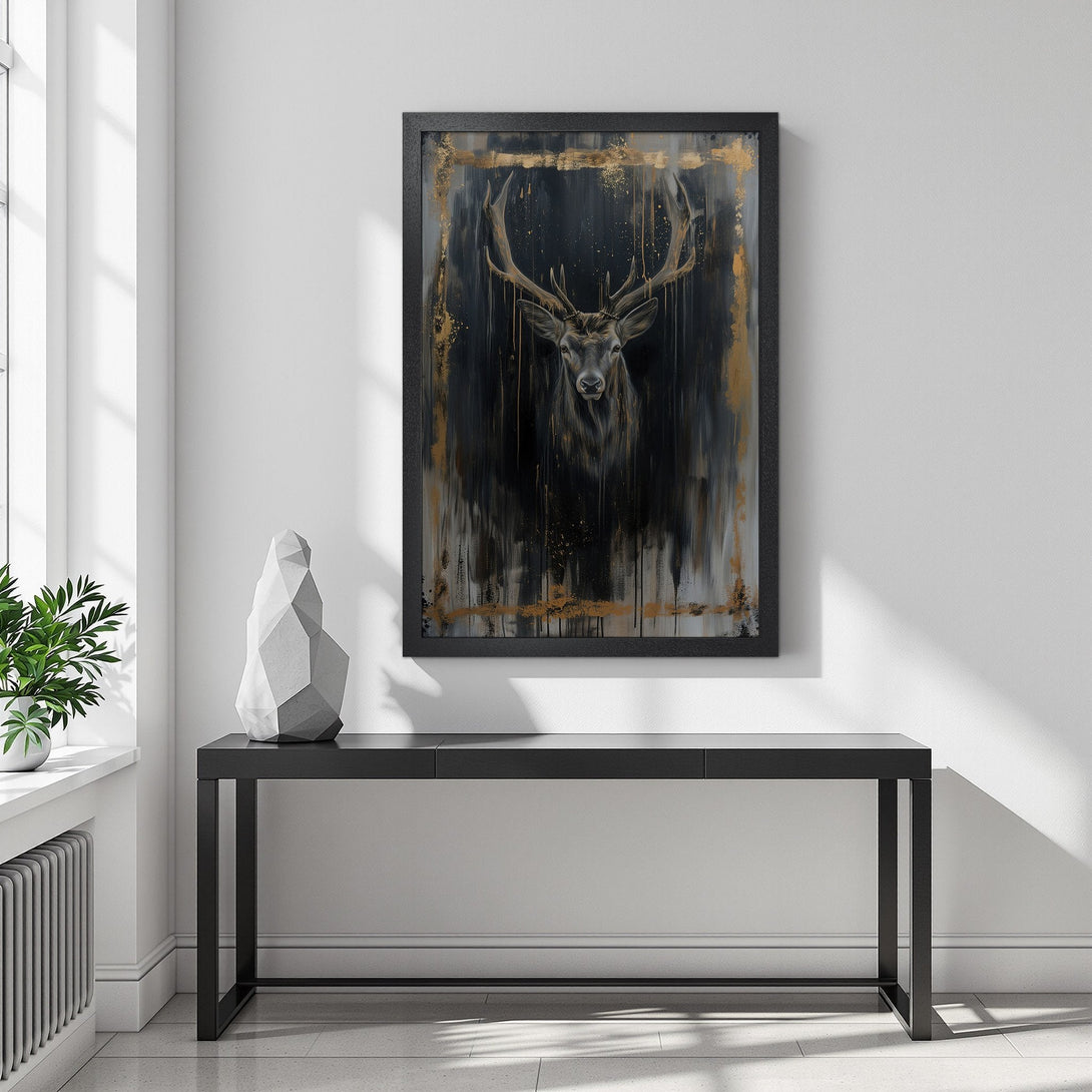 Framed Poster featuring a majestic stag in a dark, abstract style with gold accents. Modern art print with a dramatic black and gold color palette.