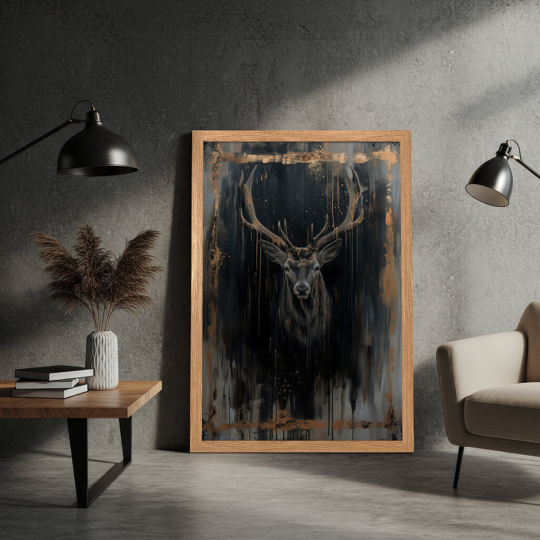 Framed Poster featuring a majestic deer in a dark, artistic style with a black, gray, and gold color palette. Perfect wall art!