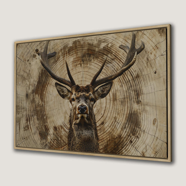 Framed Wall Art: Majestic stag portrait on wood grain background. Rustic wall decor with warm brown tones. Perfect for a cabin or lodge aesthetic.