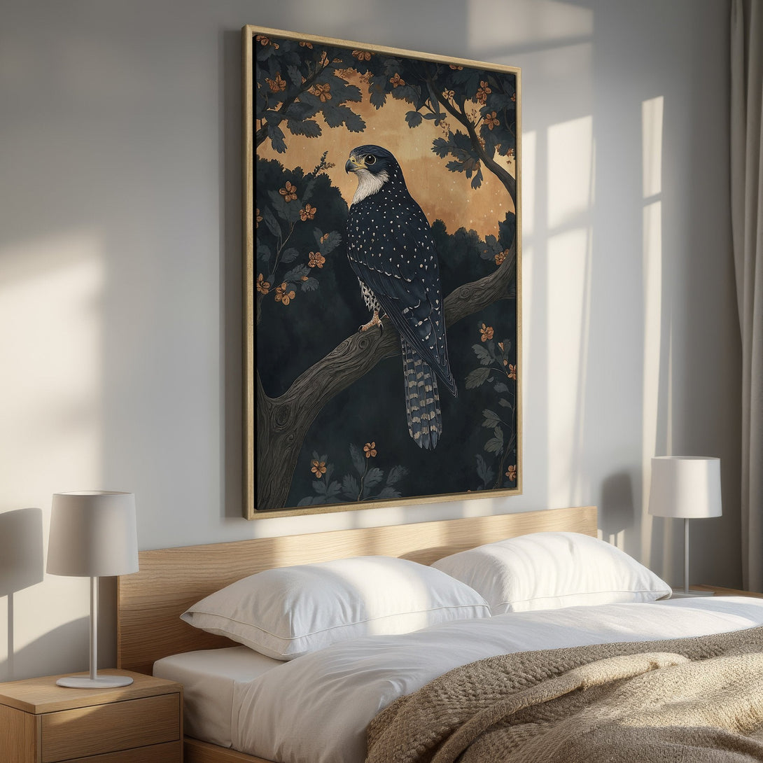 Framed Wall Art: Elegant woman with white horse, romantic fantasy art in a bedroom. Features gold, black, and burgundy tones. Perfect for home decor.