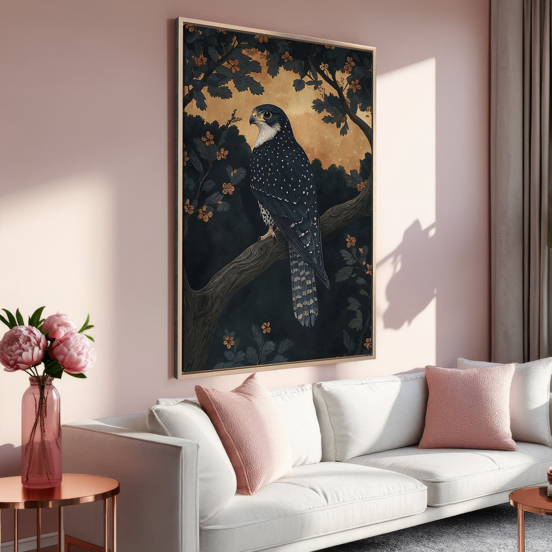 Framed Wall Art: Elegant woman with white horse, romantic art print in a warm color palette, perfect for living room decor.