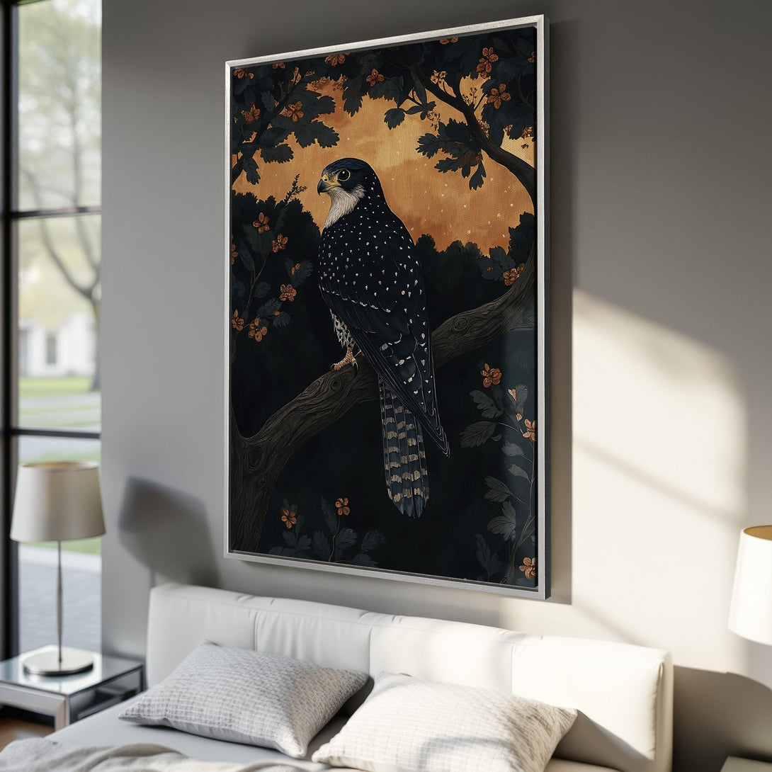Framed Wall Art: Elegant woman and white horse portrait. Dark, romantic style with gold, burgundy, and neutral tones. Perfect for bedroom decor.