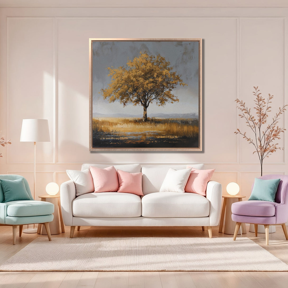 Framed Wall Art of a golden tree in a serene landscape, perfect for adding warmth to any room. Soft, neutral color palette.