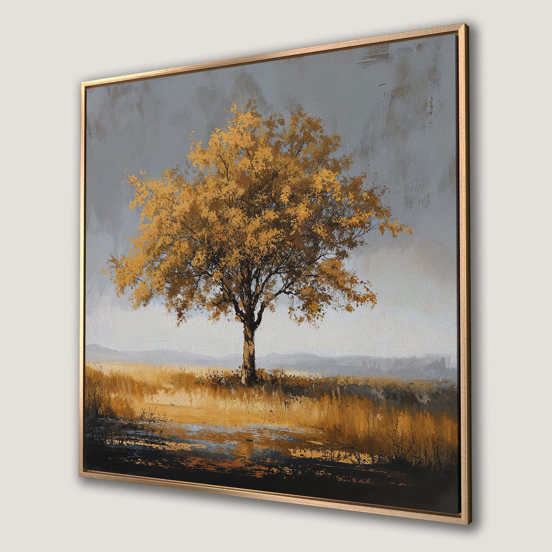 Framed Wall Art: Golden tree landscape canvas print. Rustic style with warm gold, brown, and gray tones. Perfect for adding a touch of nature to your home.