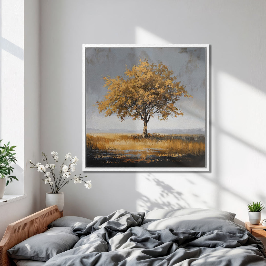 Framed Wall Art: Golden tree landscape painting in a bedroom. Neutral color palette with gold, gray, and brown tones. Modern art for home decor.