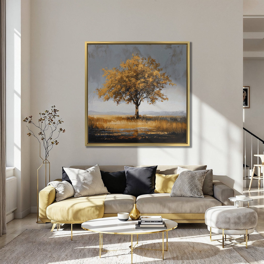 Canvas Print of a golden tree landscape painting in a cozy, modern interior. Warm, earthy tones create a serene atmosphere.