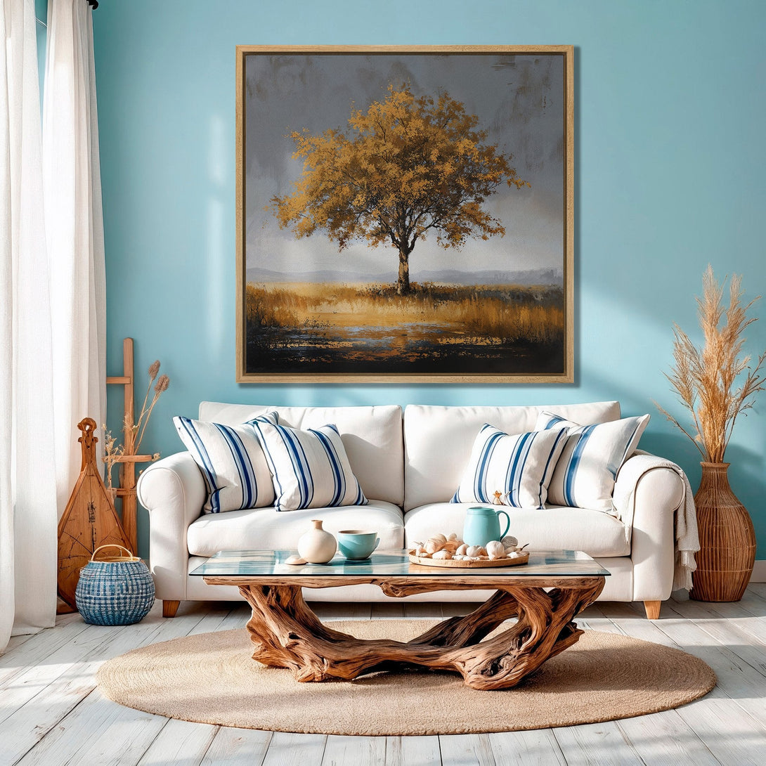 Framed Wall Art: Golden tree landscape painting in neutral tones. Adds a touch of nature to any space. Perfect for living rooms and bedrooms.