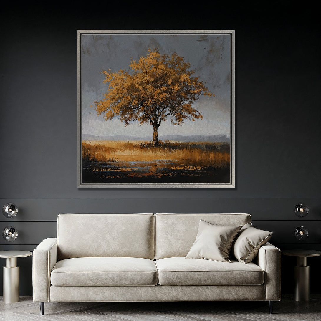 Framed Wall Art: Golden tree landscape canvas print in warm earth tones. Adds a touch of nature & elegance to any interior. Shop now!