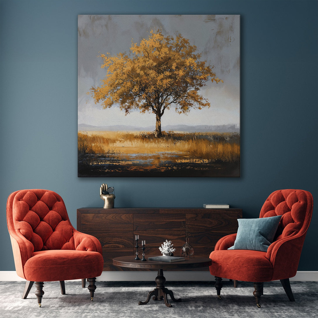 Framed Wall Art: Abstract tree painting with gold and neutral tones. Modern art canvas print adds warmth and style to any interior.
