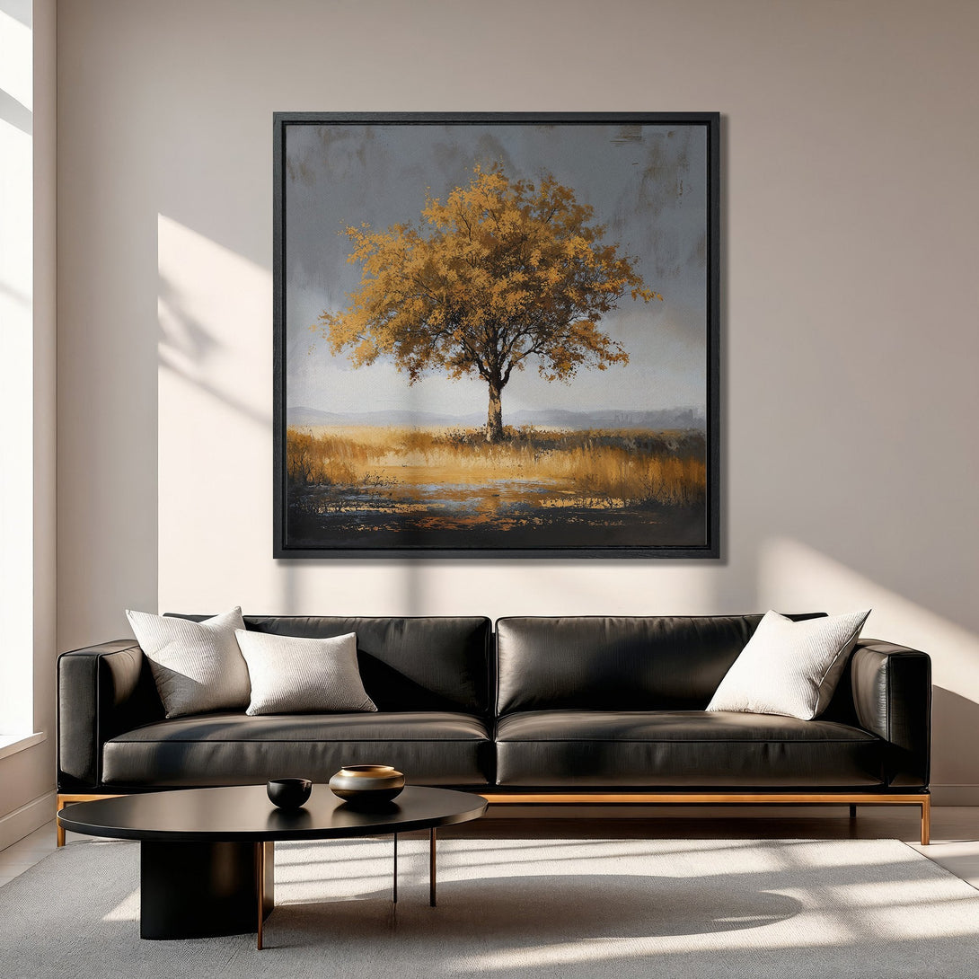 Framed Wall Art featuring a golden tree landscape painting. Earthy tones of gold, gray, and black create a warm, inviting ambiance. Perfect for living room decor.