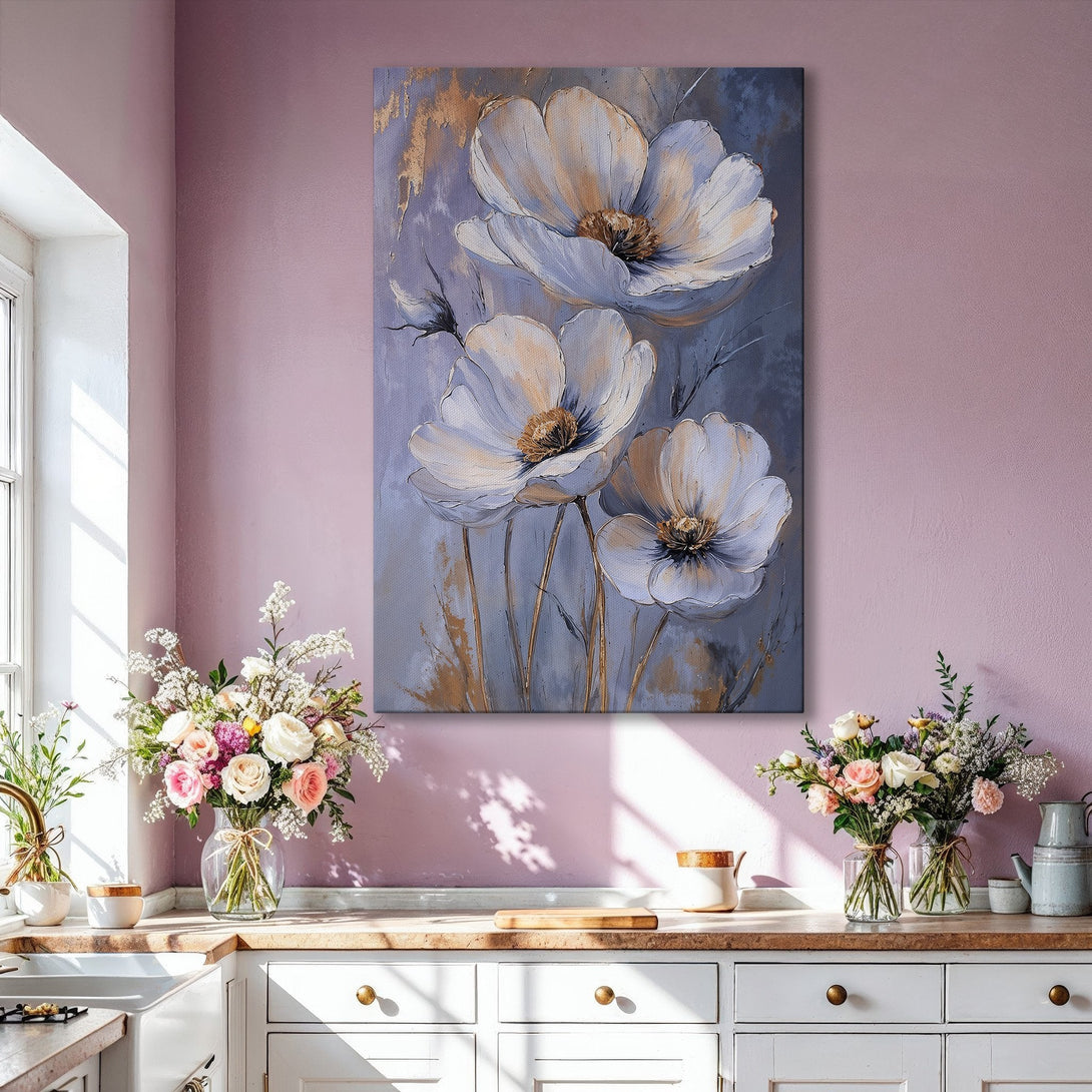 Framed Wall Art featuring elegant white floral painting with gold accents. Modern, abstract style with a soft, muted color palette. Perfect for living room decor.
