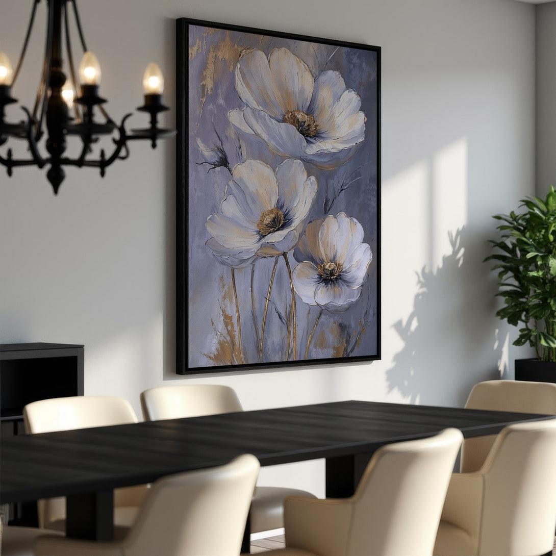 Framed Wall Art: Elegant floral Canvas Print in a modern dining room. Features white flowers with gold accents on a gray background. Perfect home decor!