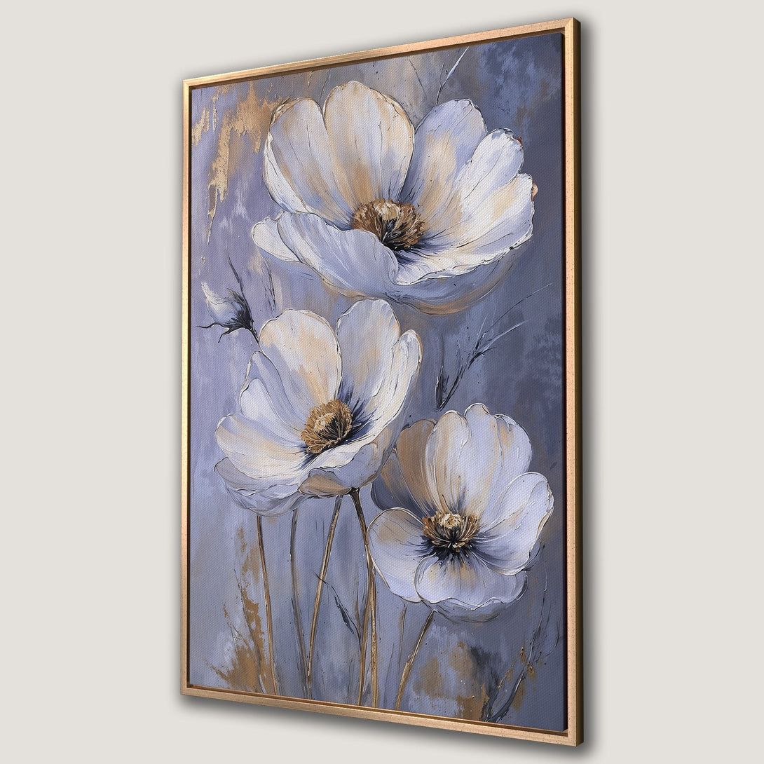 Framed Wall Art featuring elegant white flowers with gold accents on a soft gray canvas. Perfect floral decor for a modern interior.