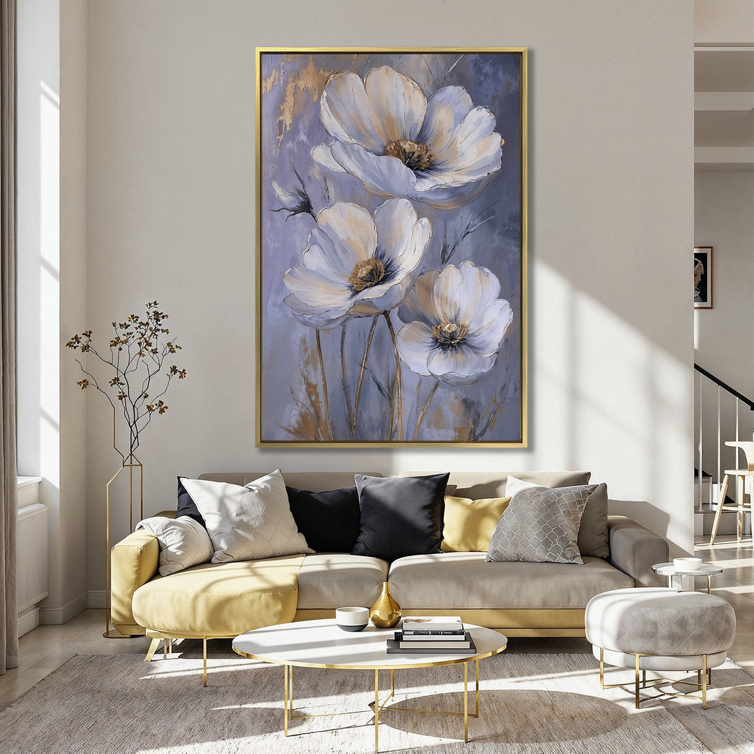 Canvas Print of elegant white floral art in a kitchen. Soft, neutral color palette with gold accents. Perfect for adding a touch of sophistication.