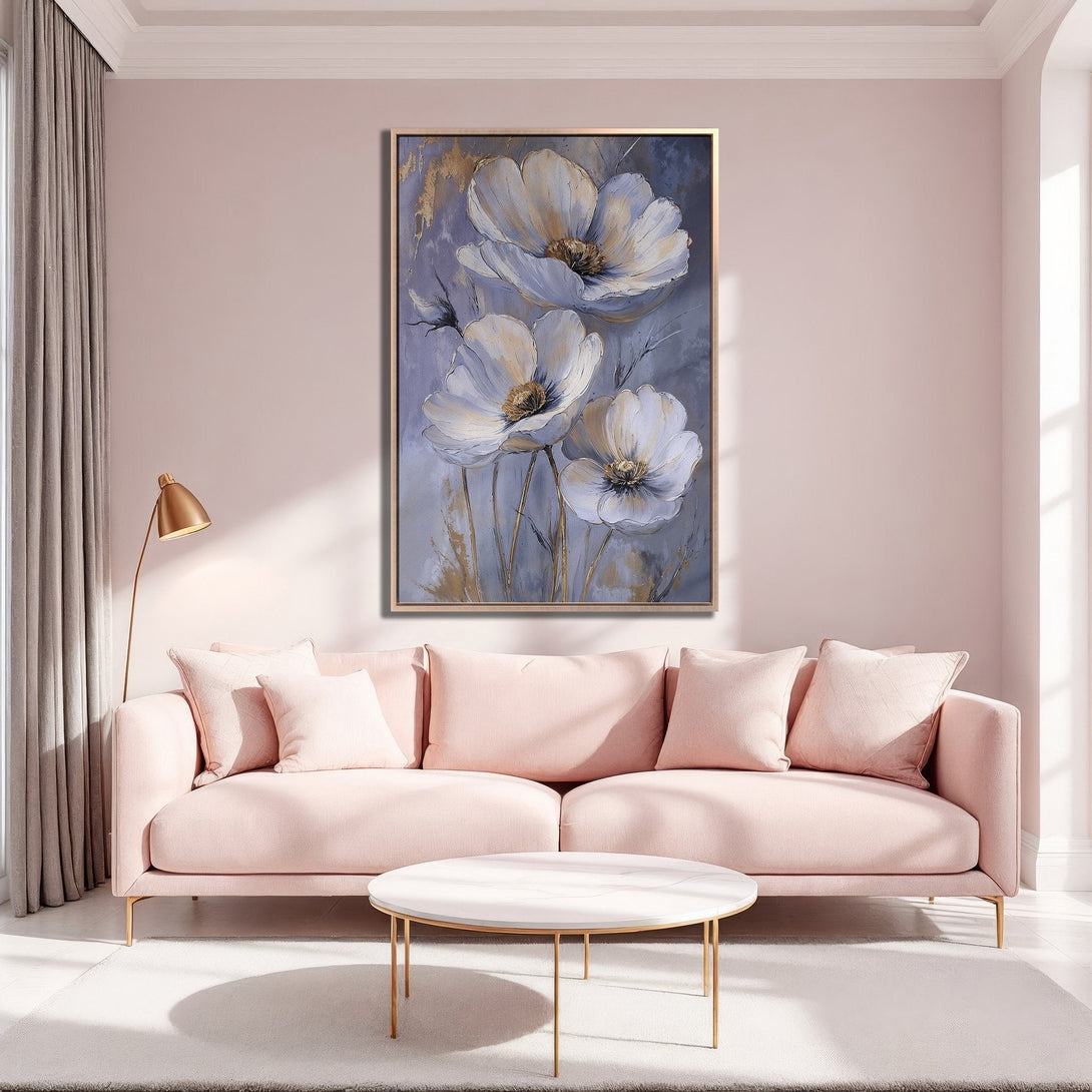 Framed Wall Art featuring elegant white floral painting in a soft, pastel color palette. Perfect for adding a touch of serenity to your living room.