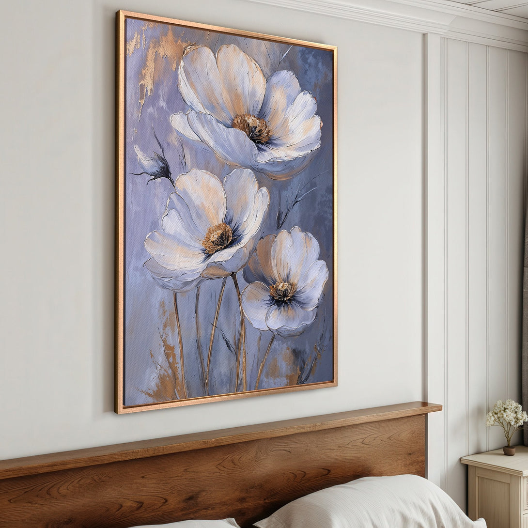 Framed Wall Art featuring elegant white floral painting. Soft, neutral color palette with gold accents. Perfect for adding a touch of sophistication to any space.