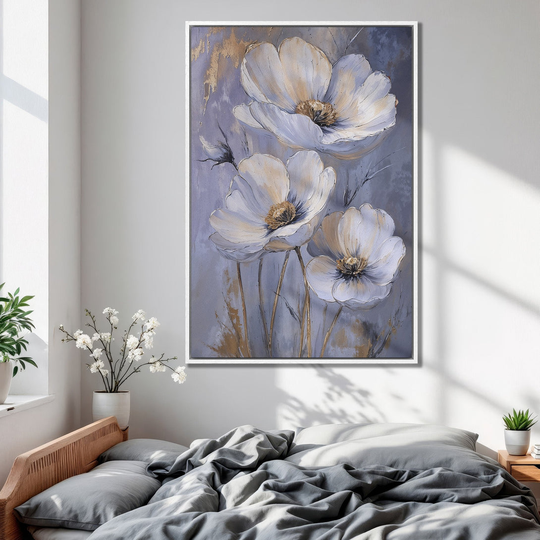 Framed Wall Art of elegant white floral painting in a bedroom. Soft, neutral color palette with gold accents. Perfect for adding a touch of serenity.